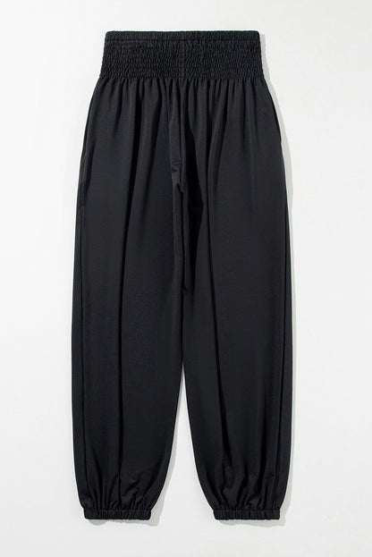 Black Pocket Smocked High Waist Joggers