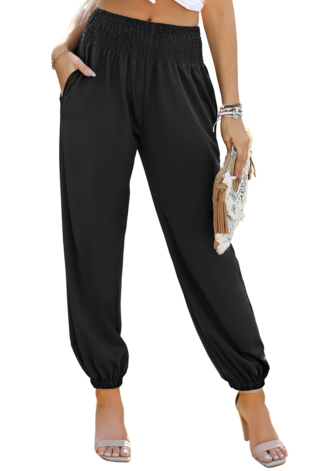 Black Pocket Smocked High Waist Joggers