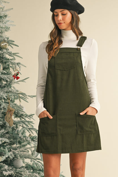 Plain Corduroy Pockets Overall Dress