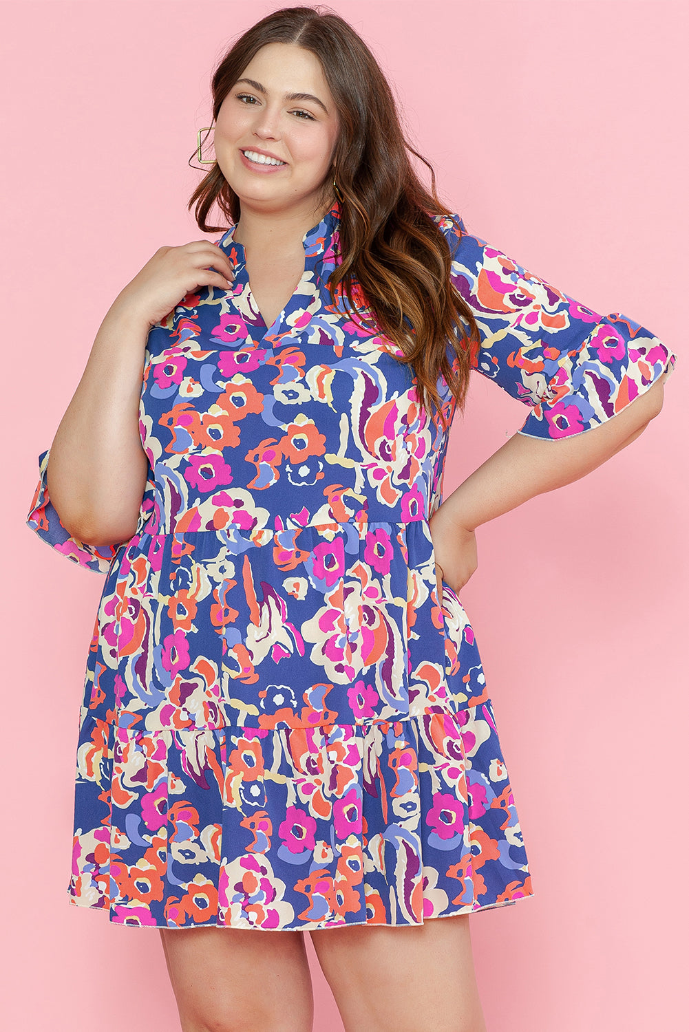 Plus Size Blue Floral Print Ruffled 3/4 Sleeve Mini Dress