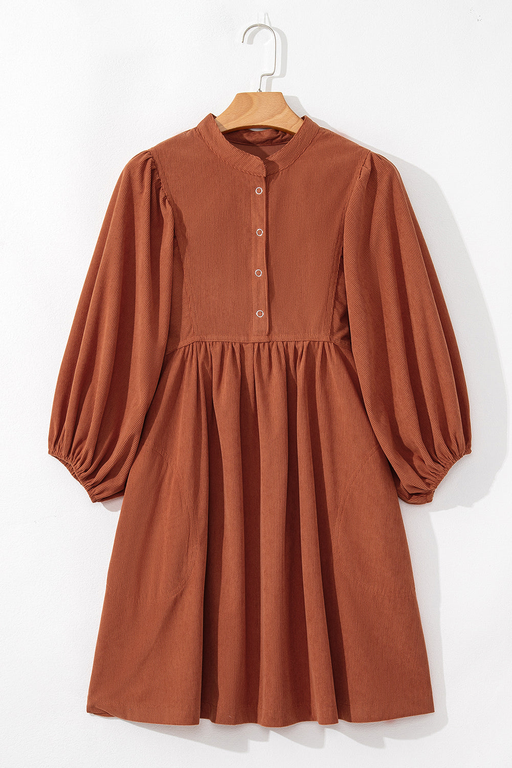 Snap Button Empire Waist Lantern Sleeve Corduroy Dress