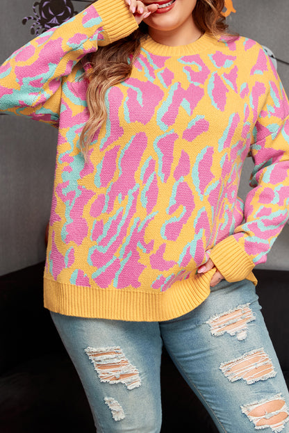 Plus Size Pink and Yellow Leopard Ribbed Trim Sweater