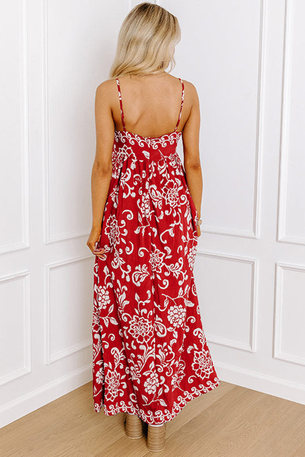 white christmas dresses Red Floral Print Spaghetti Strap Empire Waist Maxi Dress