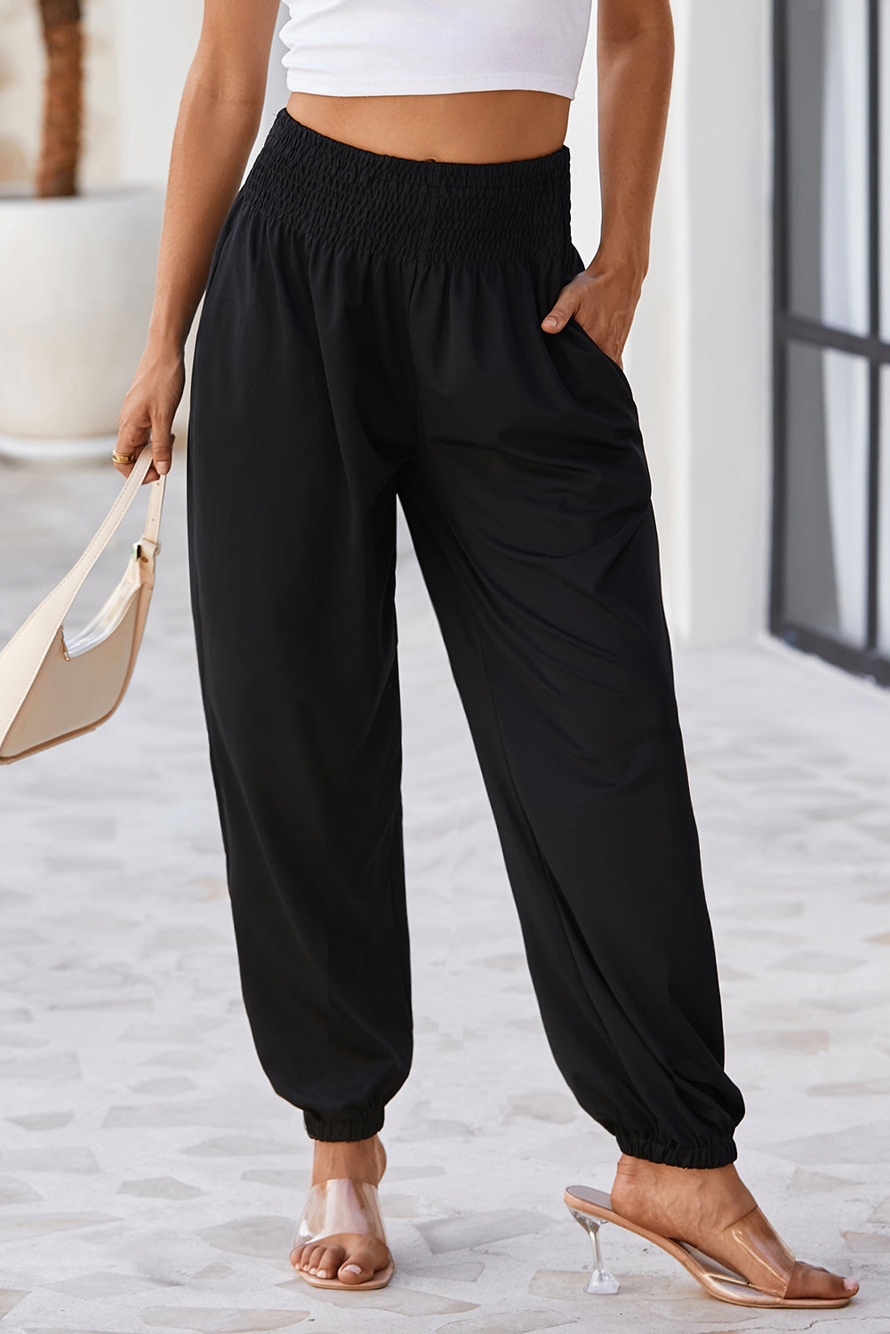 Black Pocket Smocked High Waist Joggers