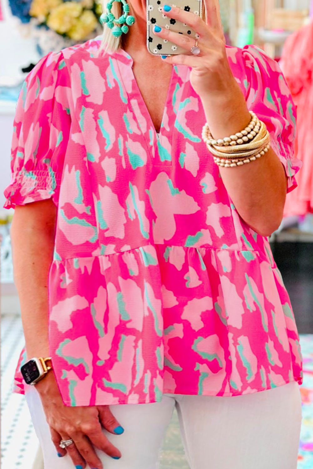 Plus Size Rose Abstract Print Puff Sleeve V Neck Blouse