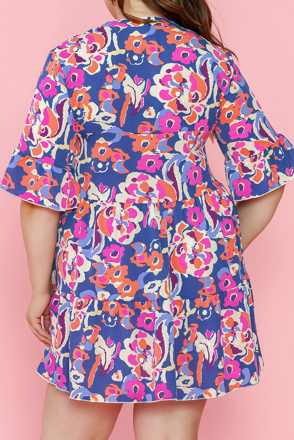 Plus Size Blue Floral Print Ruffled 3/4 Sleeve Mini Dress
