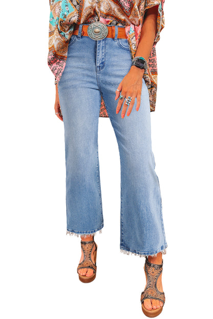 Blue Mineral Wash Raw Hem High Waist Flared Jeans