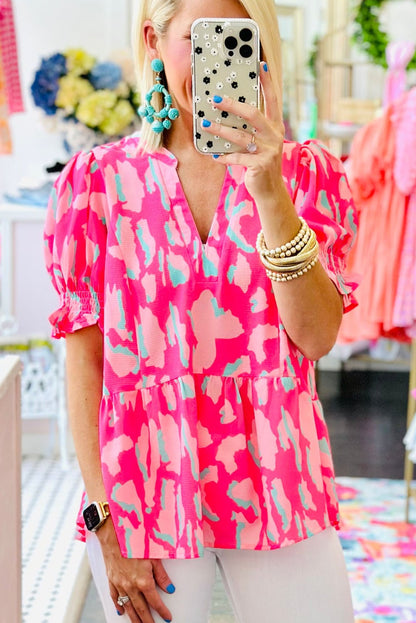 Plus Size Rose Abstract Print Puff Sleeve V Neck Blouse