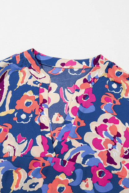 Plus Size Blue Floral Print Ruffled 3/4 Sleeve Mini Dress