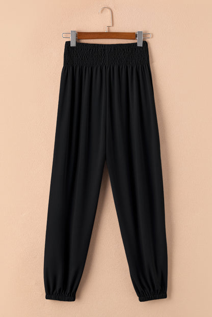 Black Pocket Smocked High Waist Joggers